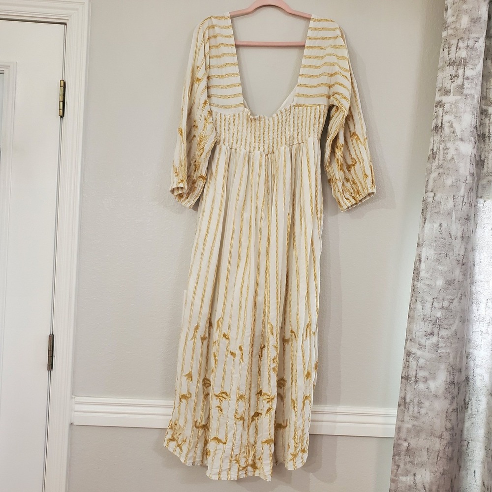 Anthropologie By Anthropologie Embroidered Tie-Front Maxi Dress Cream Gold M - Picture 6 of 13